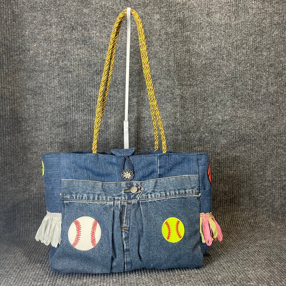 Handmade Denim Tote Bag Sports Mom Diaper Bag Softball Tennis Basketball‎ Fringe